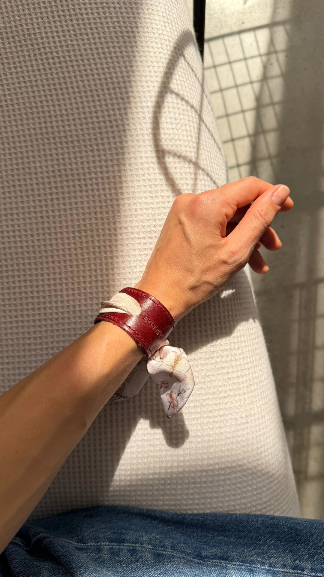Leather & Silk Twilly Bracelet (Burgundy) Armenian by Origin